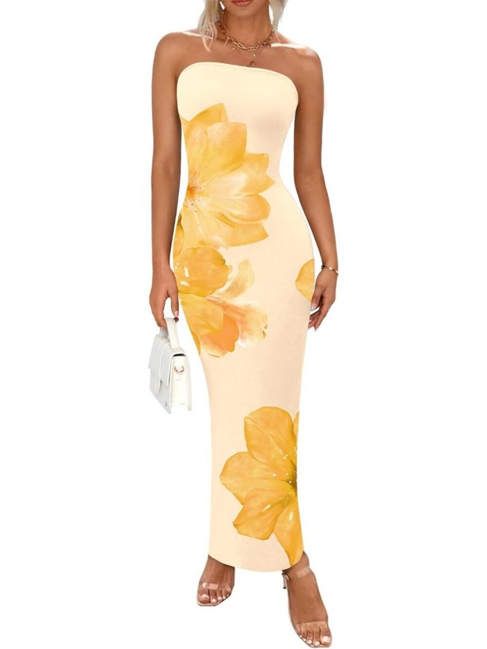 Women's Sexy Yellow Floral Strapless Tube Long Bodycon Maxi Club Party Dress